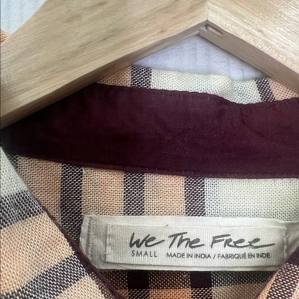 Free People - Pacific Dawn Peach And Cream Plaid Cinched Back Blouse Size Small